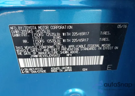 2016 Toyota Rav4 Xle из США, поврежденный, VIN JTMWFREVXGJ090652